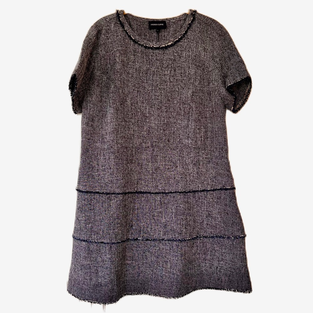 French Curve Blue White Tweed Fringe Trim Short Sleeve Shift Dress Womens Large